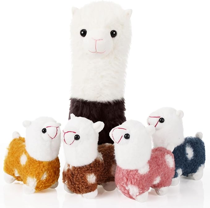 Civaner Llama Stuffed Animal with 4 Baby Llama Plushies Cute Alpaca Plush Set Soft Kawaii Alpaca Pillow for Kids Girls Easter Mother's Day Birthday Party Charity Donation Home Decor(Brown)