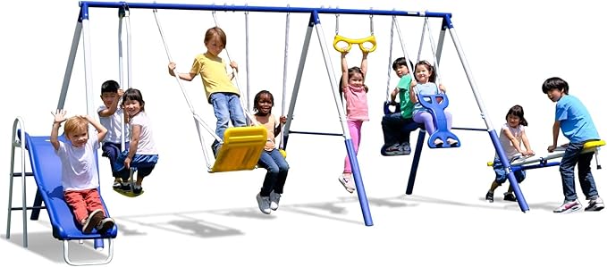 Sportspower Super 9 Metal Swing Set for Outdoor Backyard Play: Teeter Totter, Glide Ride, Roman Glider, Standing Swing, Trapeze, 5ft Slide, Anchor Kit, 7.5' D × 17.1' W × 6.1' H