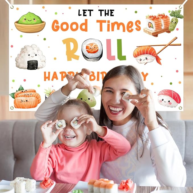 Lofaris Sushi Happy Birthday Banner for Kids – 70.8 x 43.3 Inch Kawaii Sushi Party Supplies, Japanese Themed Decorations for Kids’ Birthday Party, Asian Rice Roll & Sushi Go Party Décor