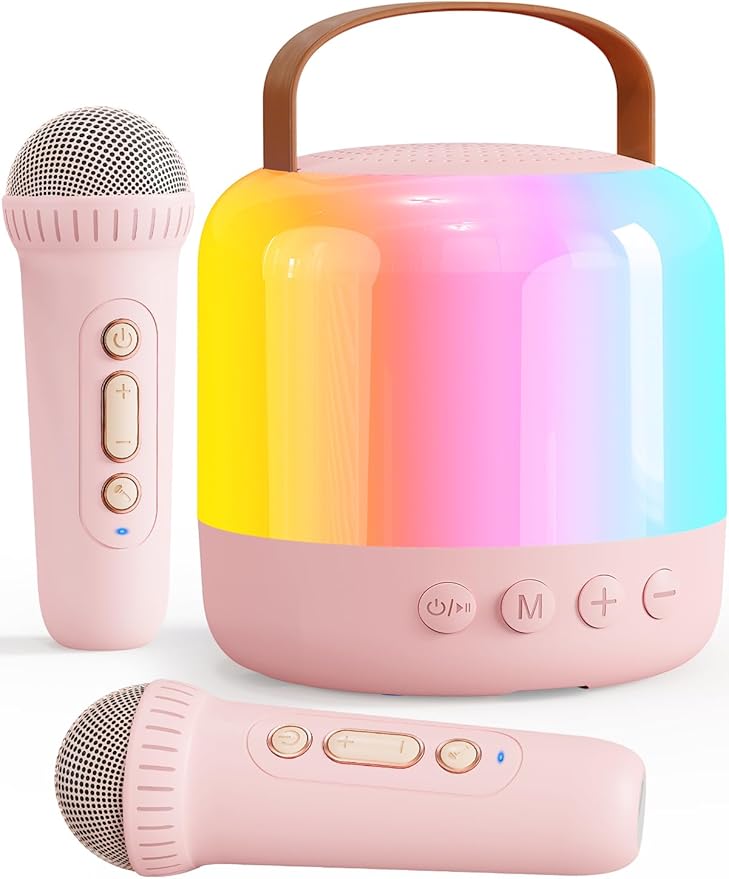 Mini Karaoke Machine for Kids Portable Bluetooth 5.3 Speaker with 2 Wireless Kareokee Microphones, 360° Colorful LED Light Karaoke Toy Gifts for Girls Boys Ages 4-12 Birthday(Peach Pink-2 Mic)