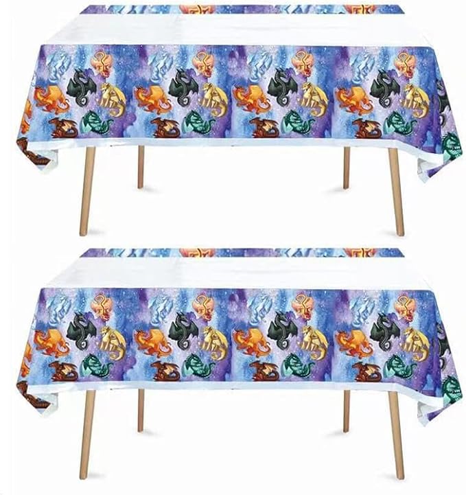 Jlemon 2pcs Wings of Fire Birthday Party Supplies Tablecloth Pack Plastic Table Covers for Kids Wings of Fire Dragon Theme Birthday Party Decorations 70x42.9 inch, White Blue