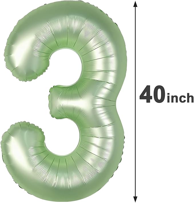 40 Inch Sage Green 3 Large Number Balloon, 3 13 23 30 33 36 Oliver Green Birthday Party Decorations, Number Three Foil Balloons for Anniversary Party Graduations Celebration Supplies
