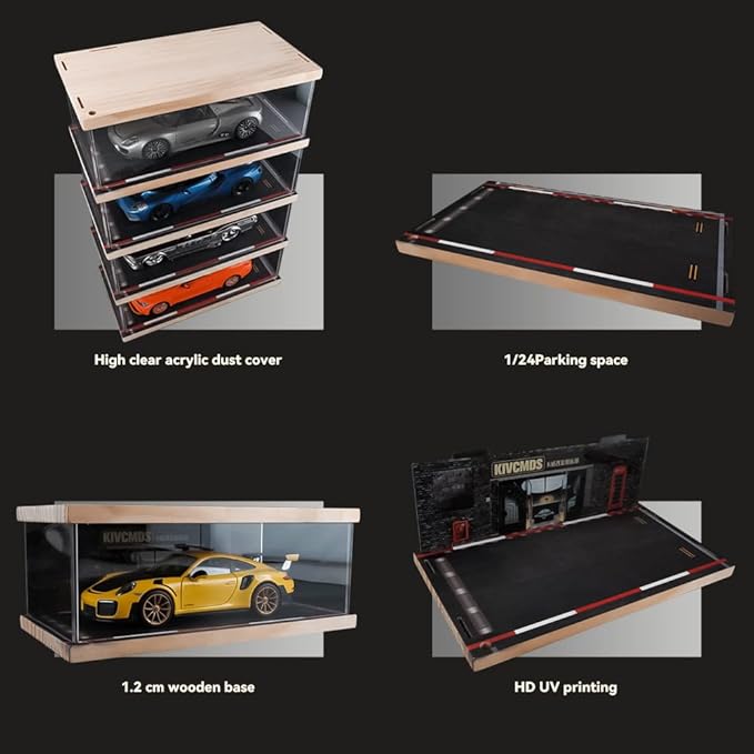 1:24 Scale 4-Tier Vehicle Display Case with Parking Lot Scene for Sports Car & Lego Collectors, Display Stand for Alloy Car Model Toy (4-Tier Auto Repair Store Scene)