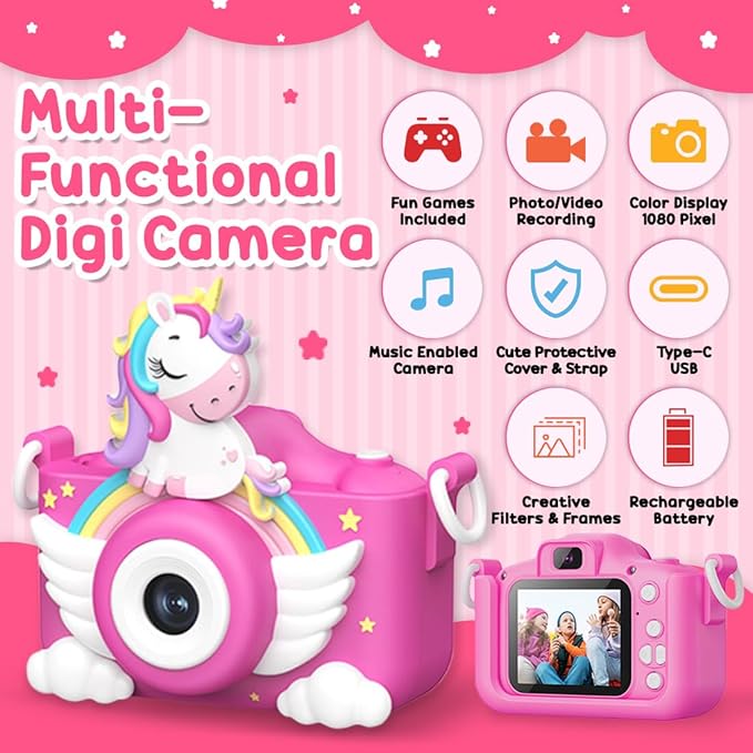 Wembley Kids Camera 3–8 Years | Unicorn Digital Selfie & Video Camera 1080P | Rechargeable Toddler Camera with Games | 32GB Card Included | Silicone Cover | Cute Birthday Gift for Girls & Boys - Pink