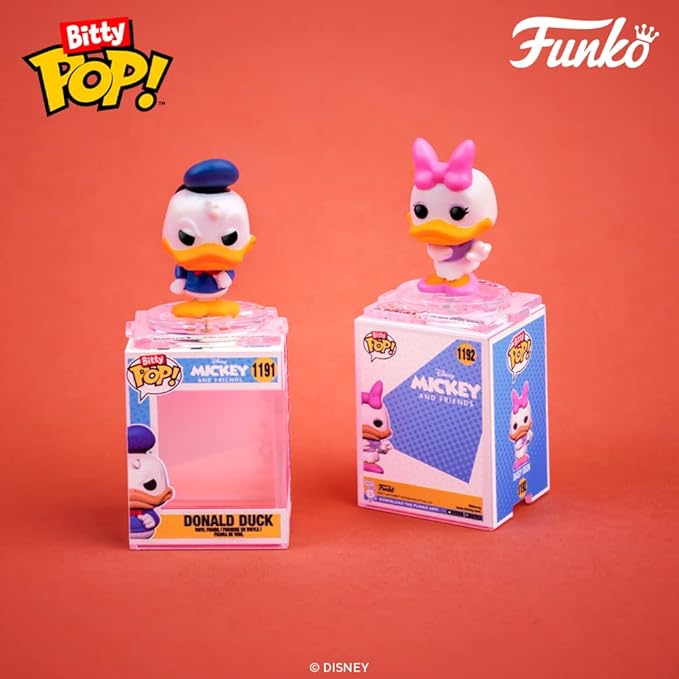 Funko Bitty POP! Disney - Minnie, 4-Pack - Minnie Mouse (red Dress), Daisy Duck, Donald Duck and A Surprise Mystery Mini Figure - 0.9 Inch (2.2 Cm) Collectable - Stackable Display Shelf Included