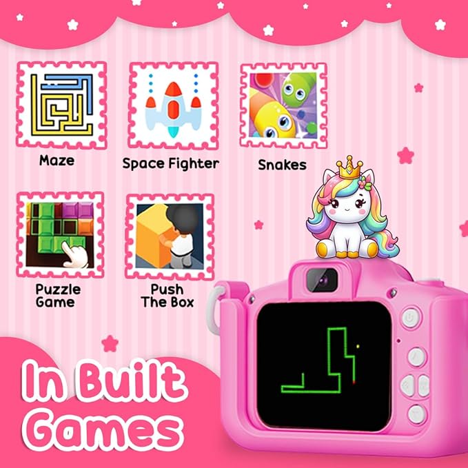 Wembley Kids Camera 3–8 Years | Unicorn Digital Selfie & Video Camera 1080P | Rechargeable Toddler Camera with Games | 32GB Card Included | Silicone Cover | Cute Birthday Gift for Girls & Boys - Pink