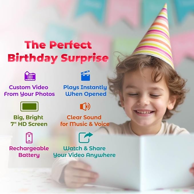 Custom Boys Birthday Video Card – Add Photos for Personalized Slideshow – Unique Gift for Kids – 7” LCD Display, 4GB Storage, Rechargeable Battery, Full Color Screen