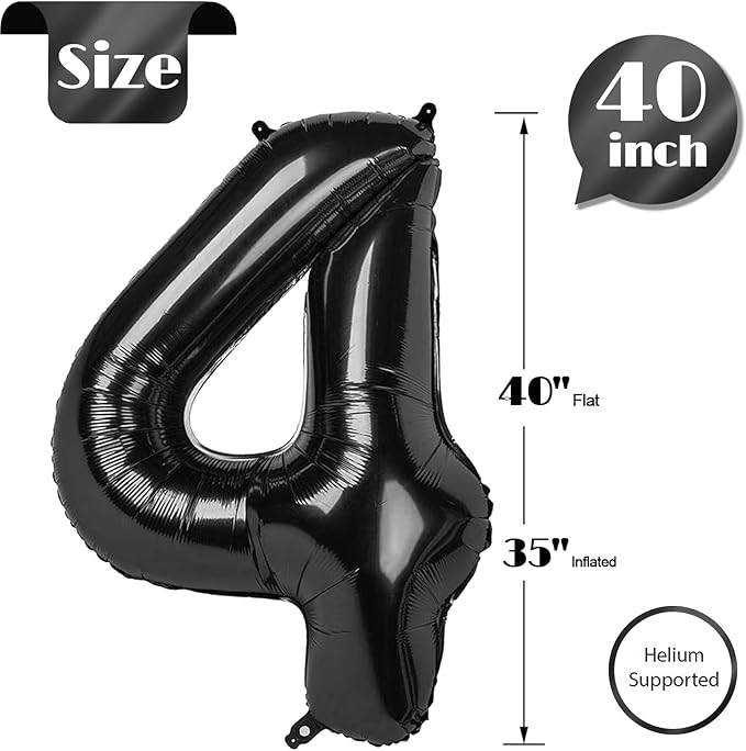 4 Balloon, Black Number Balloon 40 Inch, 4th Gold and Black Party Decorations, Four Large Numbers for Party Decor, Number 4 Balloon