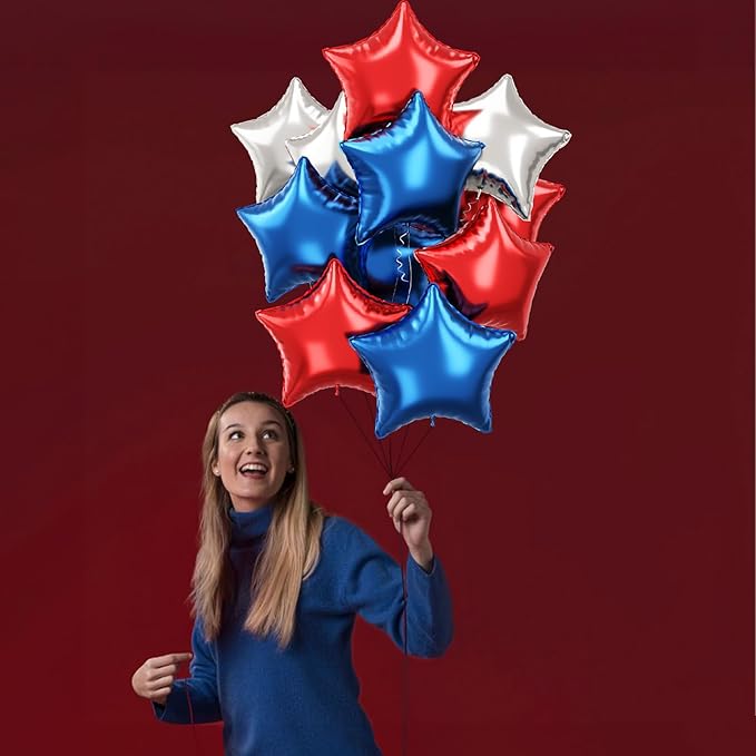 Blue Red Star Balloons, 18 Inch 12Pcs Navy Blue Red and Metallic Silver Stars Shape Foil Balloons, Helium Pentagram Balloon for Kids Cartoon Birthdays Graduation Baseball 4th of July Independence Day