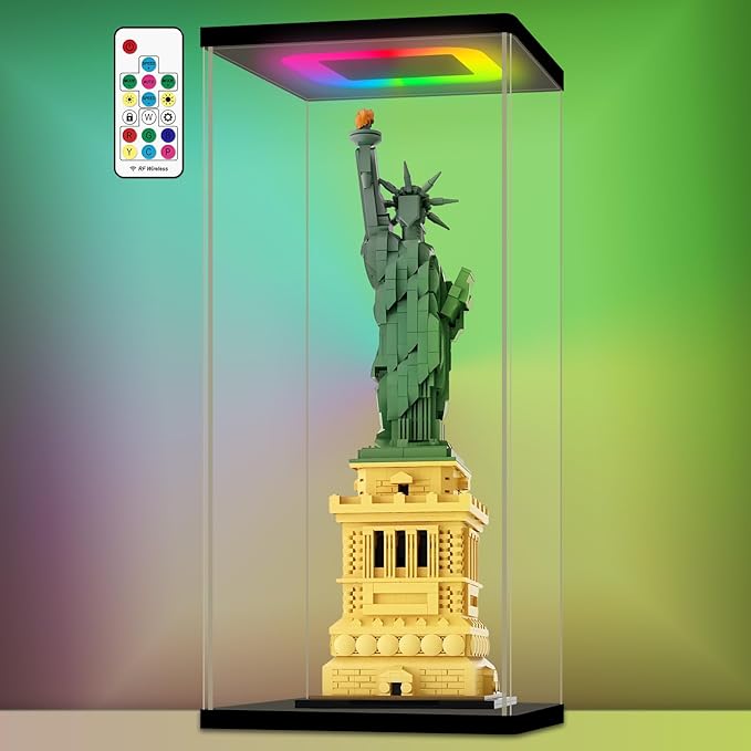 NONEMEY Clear Acrylic Display Case with RGB LED Light for Lego 21042, Dustproof Model Showcase Organizer Box, Display Case for Collectibles Bearbrick (7.9x7.9x18.9 inch, 20x20x48cm)