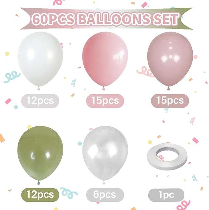Dusty Pink Green White Balloons for Fairy Birthday Party Decorations 60PCS 12INCH Light Pink Sage Olive Green Clear Helium Latex Balloons for Arch Woodland Decor Butterfy Wildflower Baby Shower