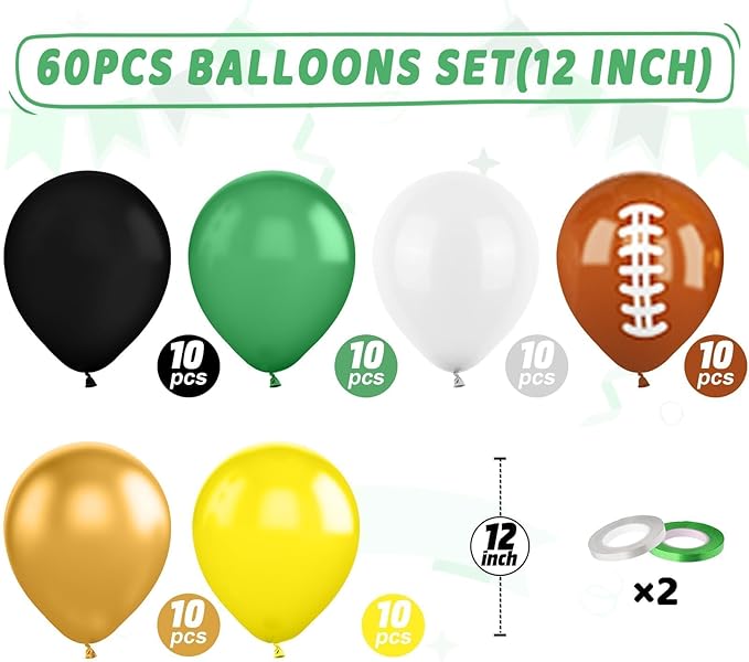 Football Balloons,60Pcs 12 Inch Sage Dark Green Yellow Black Metallic Gold Football Party Balloons for Kids Boy Football Birthday Sport Party Decorations Sports Themed Graduation Party Supplies