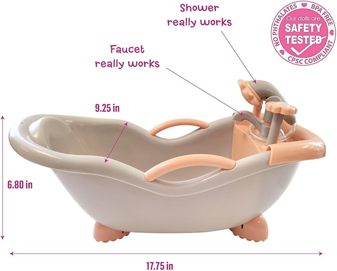 JC Toys - for Keeps Playtime! | Baby Doll Real Working Bath Set | Fits Dolls up to 16" | Shower and Faucet Really Work | Play Accessories | Ages 2+ | Earth Tone Colors