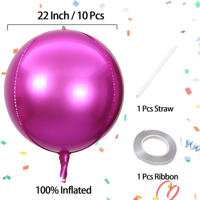 KALOR 10 Pcs 22 Inch Hot Pink Mylar Balloons, Large 4D Giant Round Foil Balloon Big Mirror Metallic Balloons for Birthday Party Baby Shower Gender Reveal Supplies