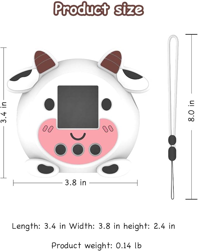 Silicone Protective case for Punirunes Interactive Digital Toy, Cute Cartoon Cow Design Skin Sleeve for Punirunes Electronic Pets Machine, with Lanyard Easy Carry,Scratch Shock Protection (White)
