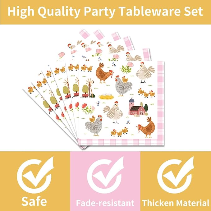 96Pcs Chicken Birthday Party Decorations Supplies – Farm Animal Barnyard Hen Chick Tableware Set, Plates Napkins Forks for Baby Shower Chicken Themed Party Dinnerware, Serves 24