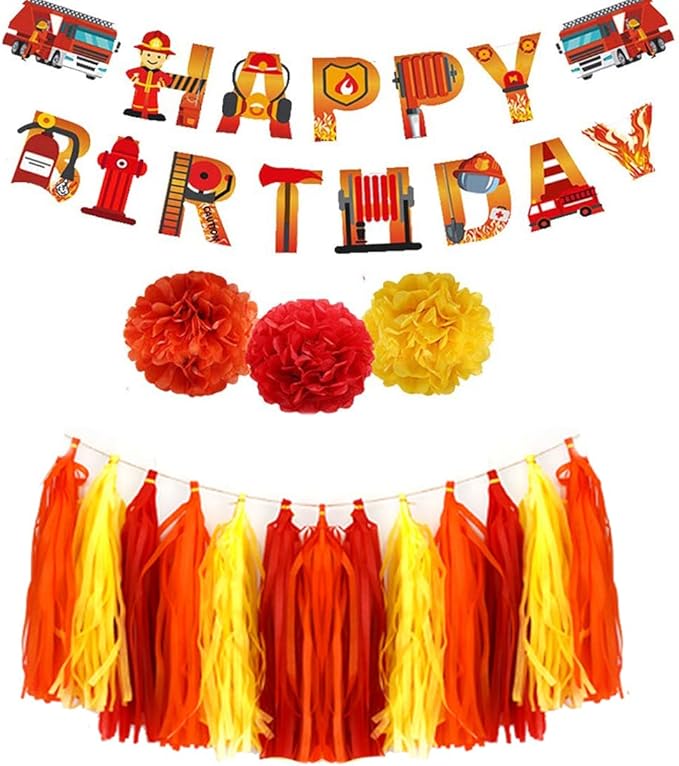 Fire Truck Party Supplies - Fireman Happy Birthday Banner, Paper Pom Pom Tissue Tassels, Firefighter Birthday Balloon, Fire Truck Party Decorations