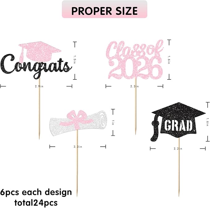 Pink Graduation Cupcake Toppers Decorations Class of 2026 Cupcake Topper Graduation Cup Cake Picks Congrats Grad Party Decor Supplies Set of 24