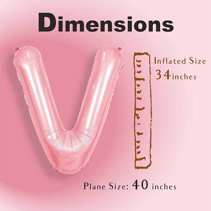 SUWEN 40 Inch Pink Large V Letter Balloons Big Foil Helium Letter Balloons A-Z Jumbo Mylar Happy Birthday Party Decorations for Girl Anniversary Party Supplies