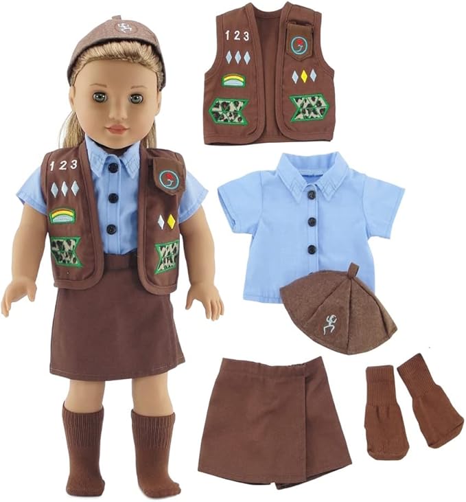 Emily Rose 18 Inch Doll Clothes 4-PC Girl Scout Brownie Uniform with Embroidered Patches | Officially Licensed by Girl Scouts of The USA | 18" Doll Accessories Halloween Costume | USA Business