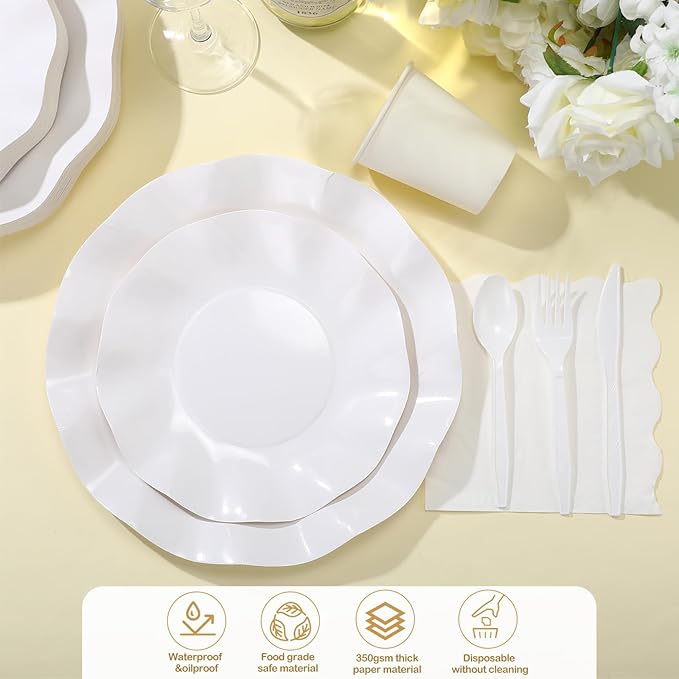 350 Pcs Scallop White Party Supplies, 50 Guests Disposable Paper Plates Paper Cups Cutlery Napkins Dinnerware Set for Wedding, Birthday, Baby Shower, Outdoor (scallop Wave 2, White)