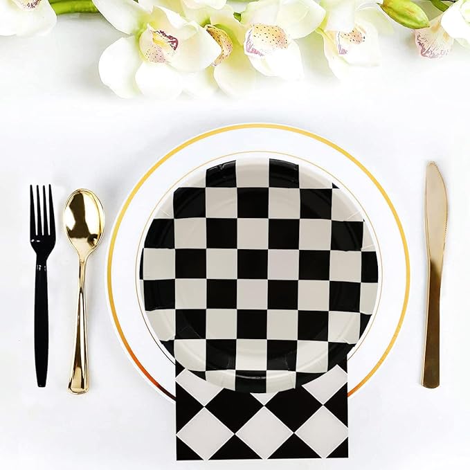 60Pcs Black and White Checkered Race Car Party Supplies,Racing Themed Tableware Set 7"Racing Dessert Paper Plates and Napkins,Fork for Kids Car Sports Race car Themed Birthday Party Decor (Car Set)