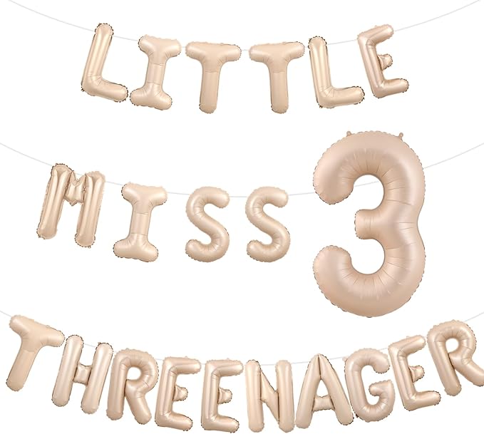 Little Miss Threenager Birthday Decorations Little Miss Threenager Balloon Banner Number 3 Balloons Makeup 3rd Party Supplies for Girls 3rd Birthday (Beige Balloon Banner)