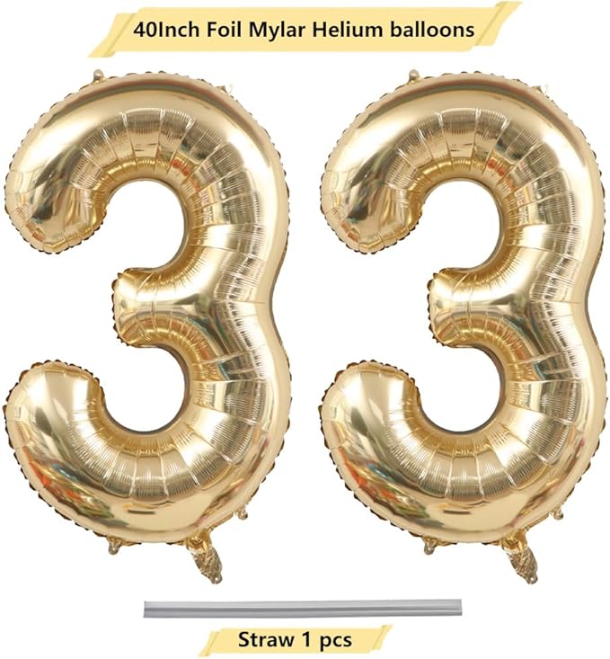 40 Inch Light Gold 33 Number Balloons White Gold Giant 33 Foil Mylar Helium Large Digital Balloon Champagne Gold Birthday Numbers Jumbo Balloons 33rd Anniversary Party Decorations Supplies