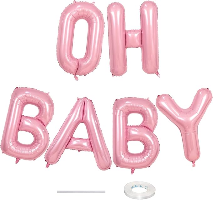 40 Inch Pastel Pink OH BABY Balloon for Baby Shower, Large Light Pink OH BABY Balloon Letters with Ribbon, Pearl Pink Alphabet Balloons Banner Sign for Girl Birthday Party Backdrop Decorations