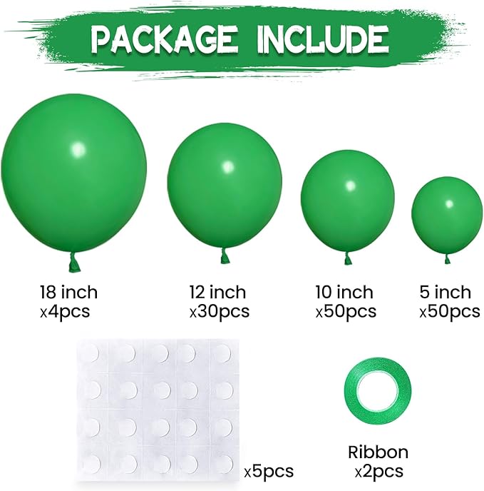 134Pcs Green Balloons Different Sizes 5 10 12 18 Inch Green Balloon Garland Arch Kit, Latex Balloons for Birthday Wedding Baby Shower Party Decorations.