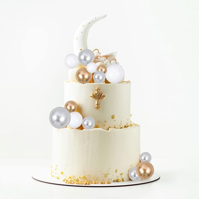 Gyufise 30Pcs Balls Cake Topper Foam Ball Cake Picks Mini Balloon DIY Cake Insert Topper Decoration for Baby Shower Wedding Anniversary Kids Birthday Party Cake Decorations Gold Silver White