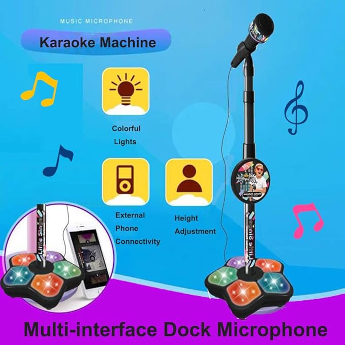 Karaoke Machine for Kids, Wireless Kids Microphone with Stand, Kids Star Microphone with Adjustable Stand & Led Lights, Battery Powered, for Girls Boys Singing Interaction (Blue)