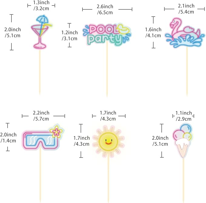 30 Pack Summer Themed Party Cupcake Toppers Neon Summer Party Decorations Picks for Hawaii Beach Pool Theme Wedding Baby Shower Birthday Party Supplies (Pool)
