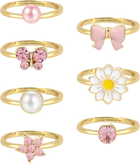 NEWITIN 7 Pieces-100 Pieces Cute Rings for Girls Crystal Ring Girl Pretend Play and Dress up Rings Adjustable Ring Kids Jewelry Little Girl Gift for Girls Kids