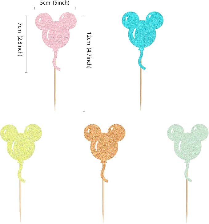 30 Pcs Mouse Inspired Cupcake Toppers Glitter Multiple Colors Mouse Balloon Cake Toppers Decorations for Baby Shower Kids Birthday Party Wedding Anniversary Party Supplies