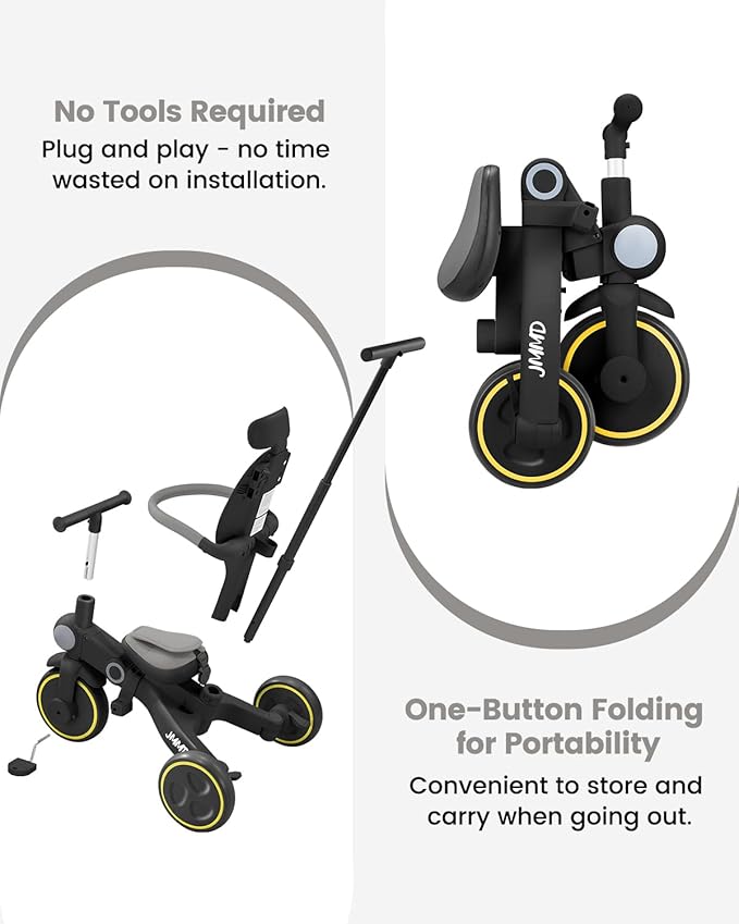 JMMD Baby Tricycle, 7-in-1 Multifunctional Kids Trike with Adjustable Parent Handle, Safety Harness & Wheel Brakes, Removable Canopy, Stroll Trike for Boys & Girls Ages 18 Months-5 Years, Black
