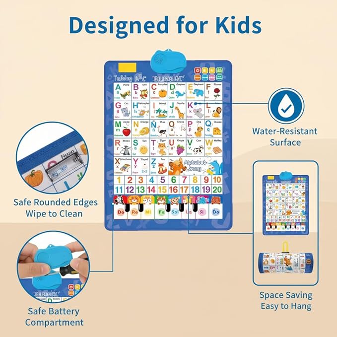 Bilingual Talking Wall Chart for Kids,English and Spanish Wall Chart for Kids,Talking English Learning Board for Children 3+ (Blue)