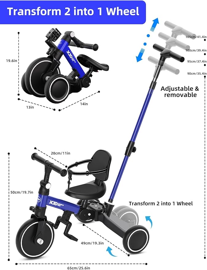 XJD Toddler Bike, 6 in 1 Folding Toddler Tricycle for 1-4 Year Old with Parental Control Handle, Balance Bike with Removable Pedal, Backrest, Adjustable Seat Height, First Birthday Gifts (Blue)
