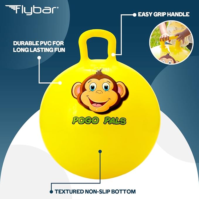 Flybar Hopper Ball for Kids, Inflatable Bouncy Ride-On Ball w/Handle for Indoor & Outdoor Active Play, Includes Pump, Jump Ball Toy for Boys & Girls, Supports Up to 165 lbs, Ages 3+, 18-Inch, Small