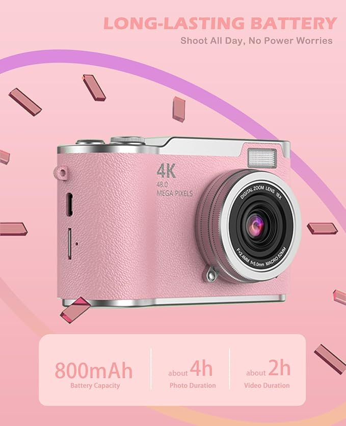 Kids Camera,4K Digital Camera for Photography,48MP 1080P HD Video Selfie Camera,with 180° Flip Screen Flash,with 32GB SD Card,for Starter Kid Children Teen Student Girl Boy(Pink)