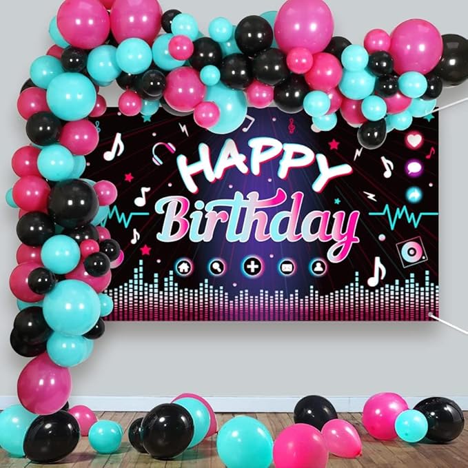OurWarm 130 Pcs Tik Tok Birthday Party Decorations, Music Happy Birthday Decorations, Tiktok Party Theme Party Supplies Includes Happy Birthday Banner, Balloons Arch, Tablecloth for Birthday Decor