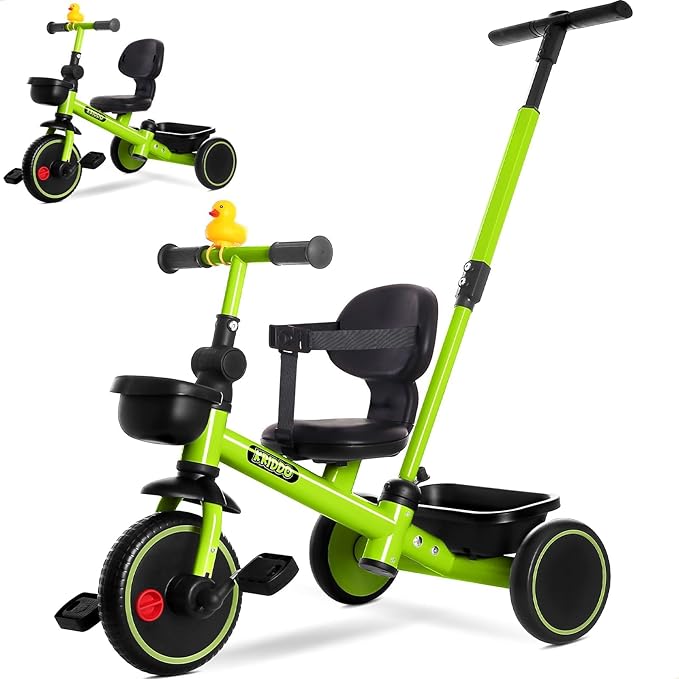 KRIDDO 2-in-1 Tricycle for Toddlers 1.5-5 Years, Push Tricycle with Parent Steering & Detachable Handle, 9-Stage Adjustable Handlebar, Toddler Trike with Safety Belt, Clutch Pedals & Dual Baskets, GN