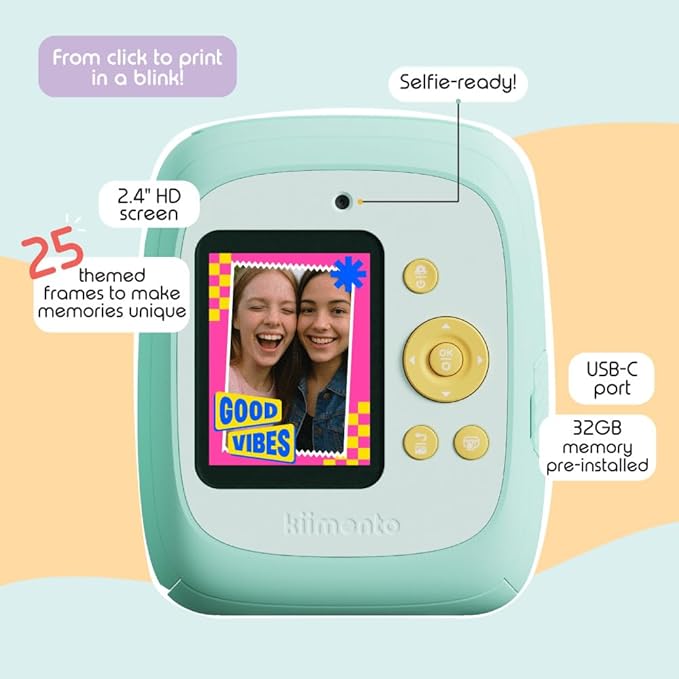 kiimento Instant Print Digital Camera, Ink-Free Thermal Printing with 4 Color-Themed Paper Options, 2.4” HD Screen, Selfie Lens, 48MP Photo, 1080p Video, 32GB Memory Card – Model P2 (Mint)