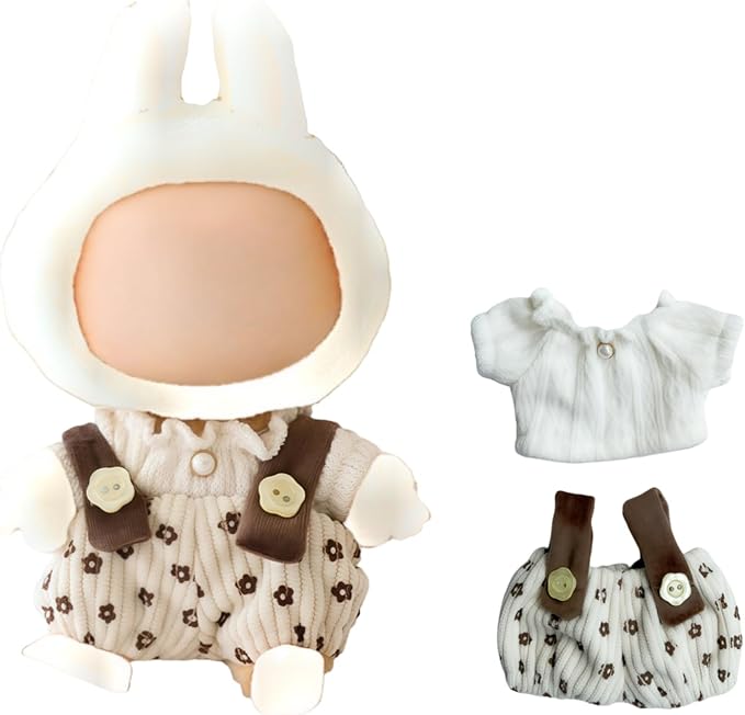 Clothes for Lu bubu 17cm Dolls Accessories(No Doll), Cute Outfit Set 2 Pieces Bib Pants for 17cm Doll Suit, Stylish Dress Up Overalls Doll Clothing Set Replacement Beige