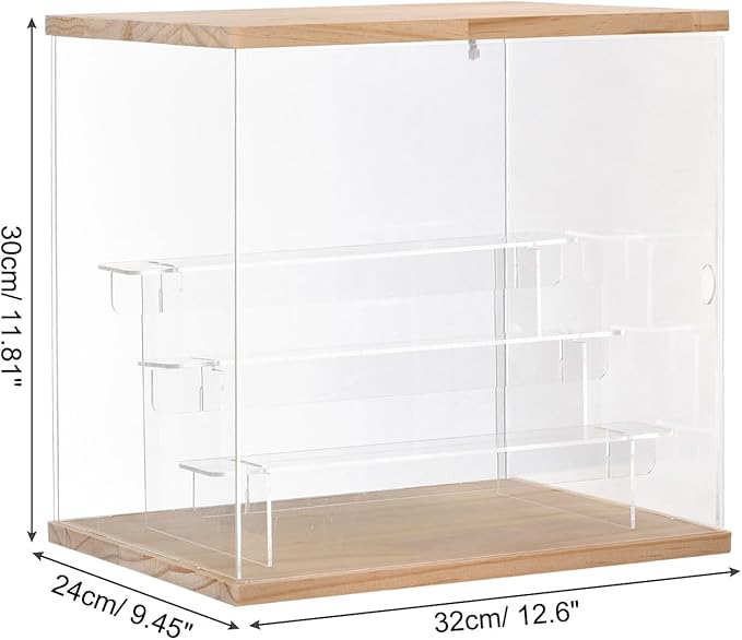 MECCANIXITY Clear Acrylic Display Case with LED Light 3 Tier Dustproof Showcase Assemble Cube Display Boxes Stand for Collectibles, Action Figures (12.6x9.45x11.81) Wood