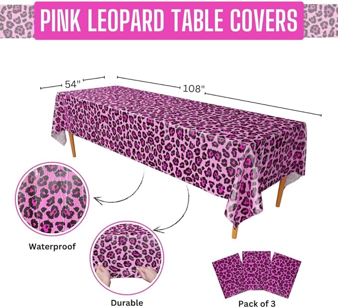 Blue Orchards Pink Leopard Table Covers (Pack of 3) - 54"x108" XL - Pink Leopard Birthday Party Supplies, Pink Tablecover, Cheetah Party Decorations, Leopard Party for Girls, Leopard Print Baby Shower