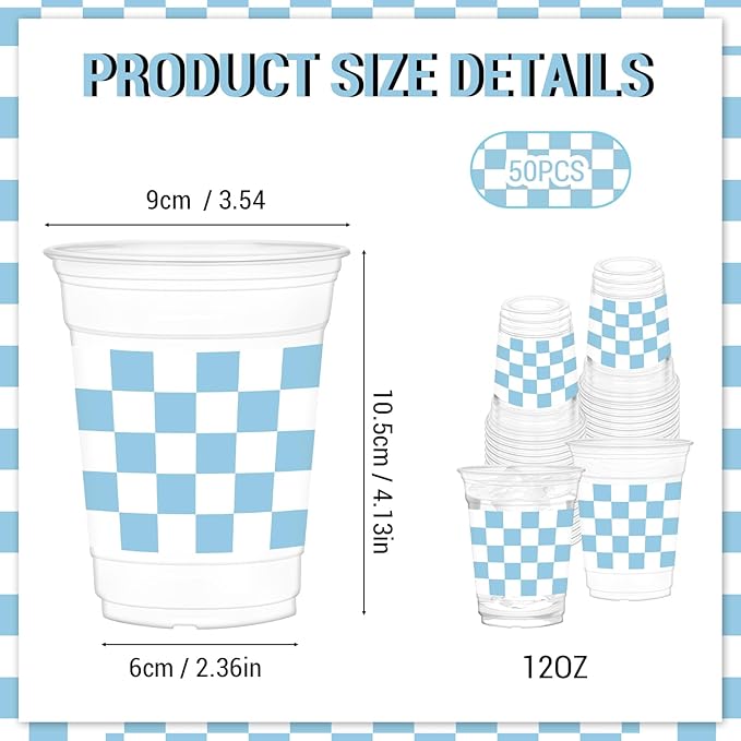 50Pcs Light Blue and White Checkered Cups, 12oz Light Blue Gingham Party Cups Blue White Checkered Clear Plastic Cups for Wedding Home Supplies Birthday Gender Reveal Party Decorations
