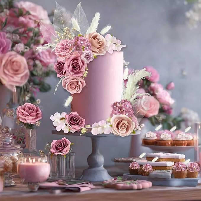 33 PCS Boho Cake Topper Decorations Vintage Artificial Rose Flowers Leaves Various Dried Pampas Grass for Cake Decorating Kit for Wedding Bridal Birthday Party Supplies