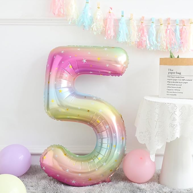 Unicorn 5th Birthday Party Decorations for Girl Purple Pink Theme Balloon Set, Large Rainbow Unicorn Helium Balloons with Heart and Star Baby Shower Kids Supplies (number 5 set)