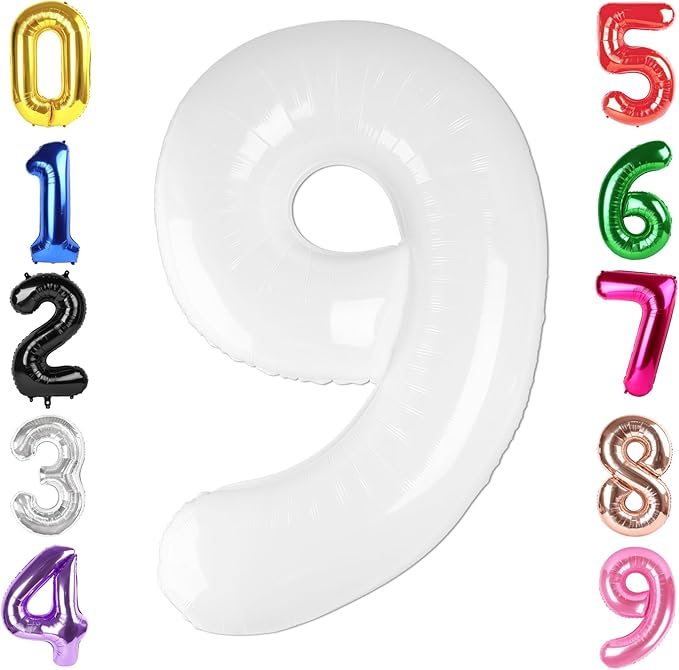 40 Inch White Number 9 Balloon, Giant 9 Number Balloons for 9th Birthday Decorations, Party Supplies for Baby Boy Girl, White Party Decor